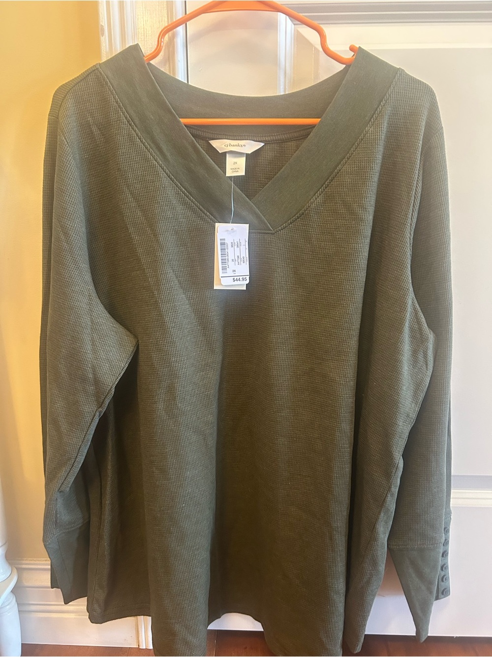 Christopher & Banks Olive V‑Neck Long Sleeve Waffle Top
